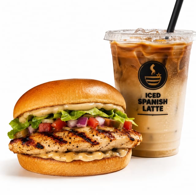 Grilled Chicken Sandwich + Iced Spanish Latte.