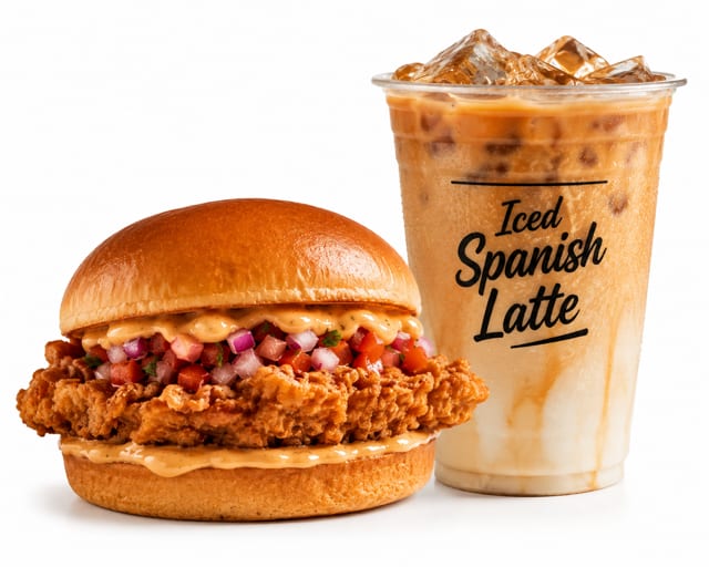 Chicken Sandwich + Iced Spanish Latte.
