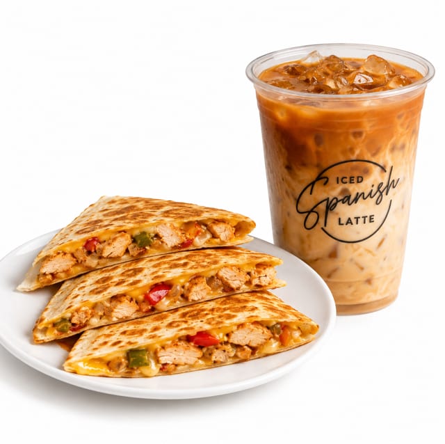 Chicken Quesadilla +Iced Spanish Latte.