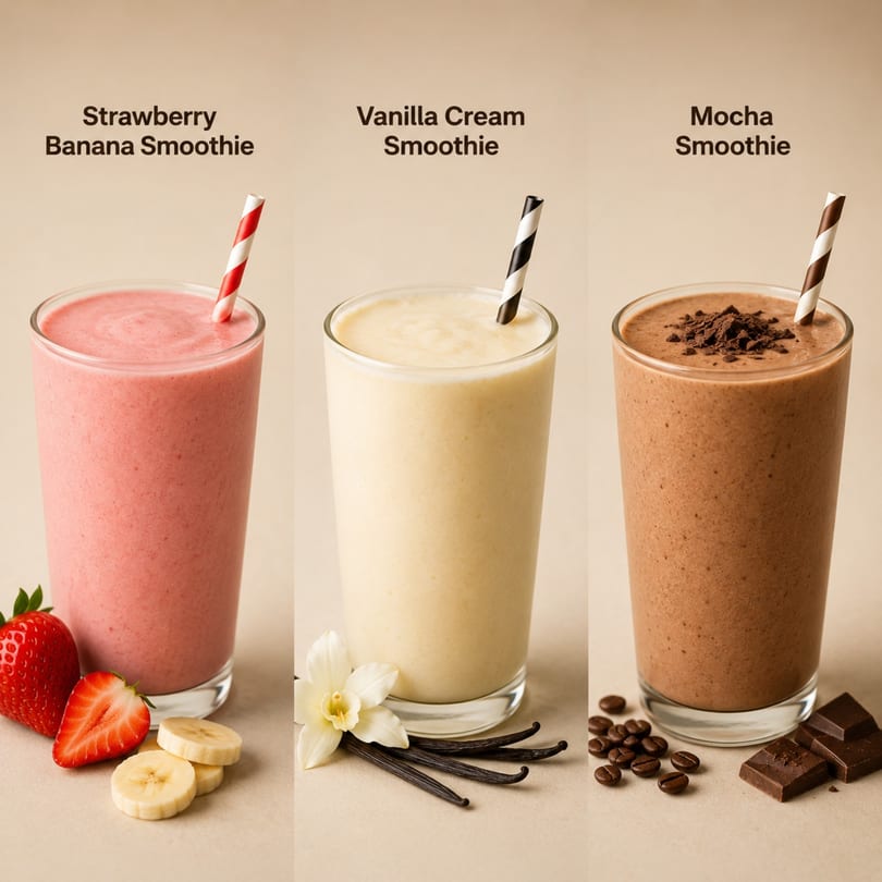 Three smoothies: strawberry banana, vanilla cream, and mocha, each with ingredients and striped straws.