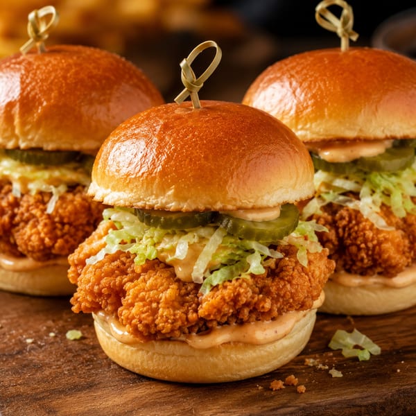 Three crispy fried chicken sliders with pickles, shredded lettuce, and sauce on brioche buns.