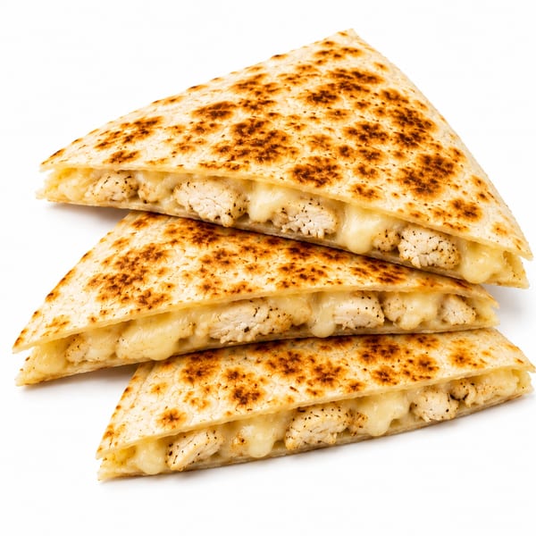 Stacked chicken and cheese quesadillas with melted cheese oozing out.