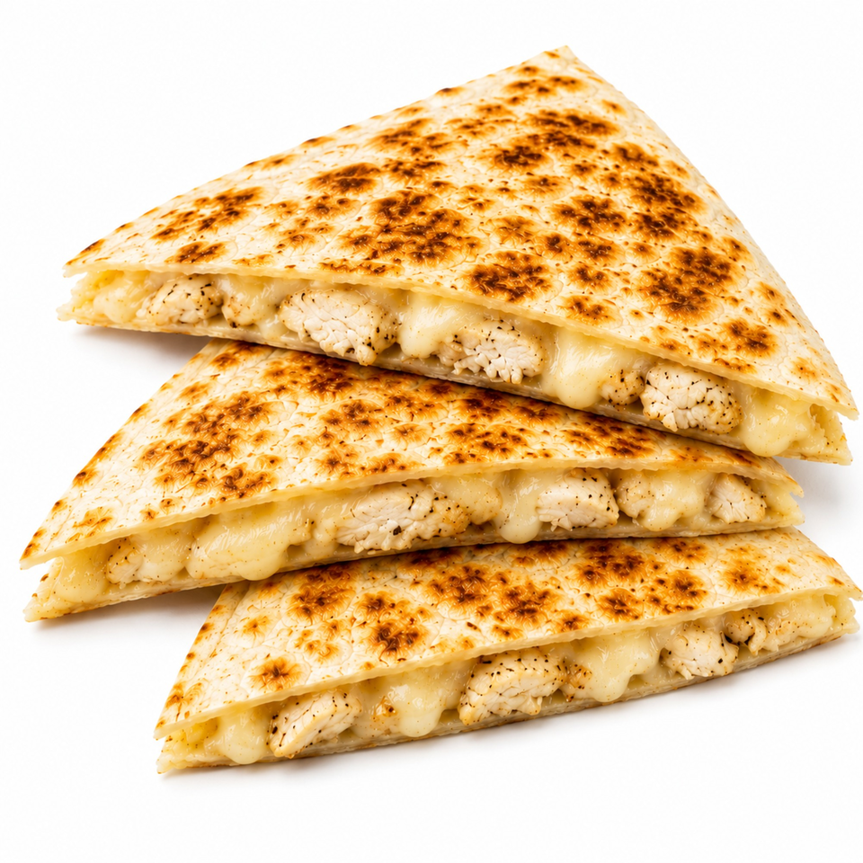 Stacked chicken and cheese quesadillas with melted cheese oozing out.