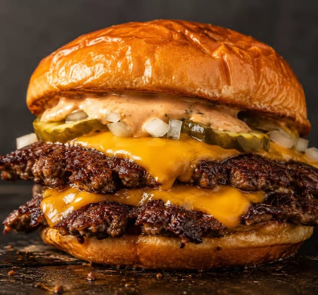 Double Smash Burger with crispy edges in Carmel IN