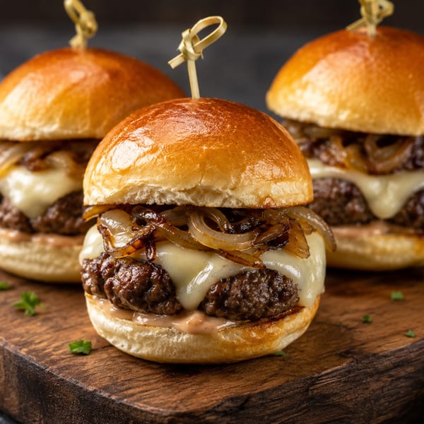 Three gourmet sliders with melted cheese, caramelized onions, and a special sauce on a wooden board.